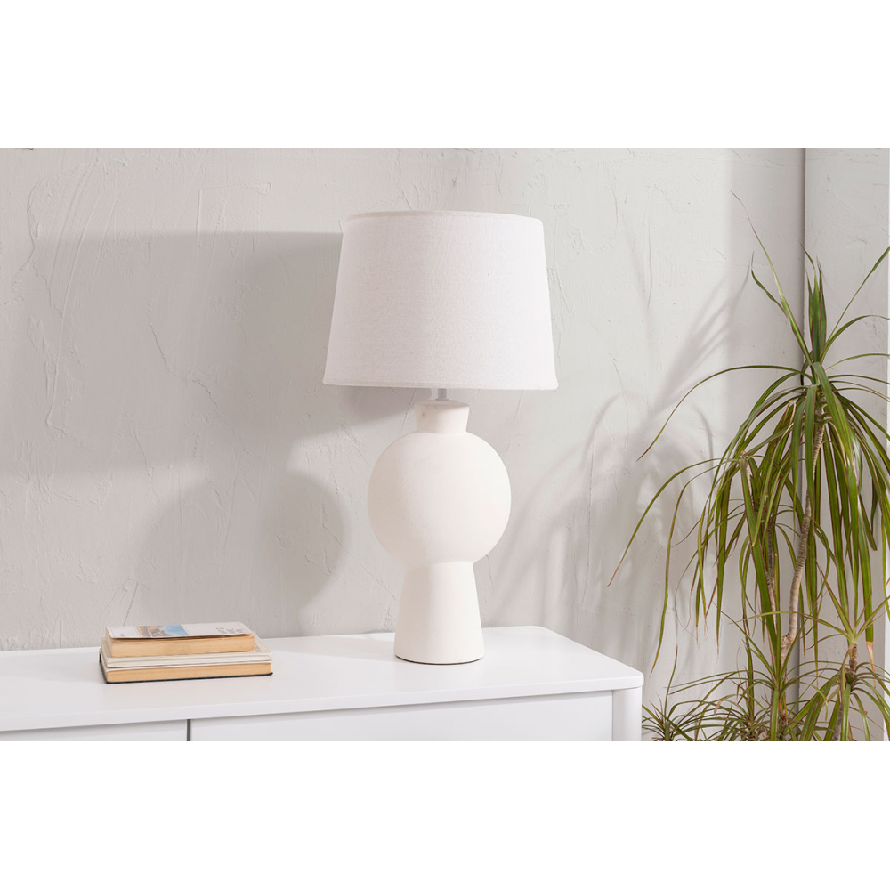 LÃMPARA CERÃMICA GRANDE 63*33CM, BLANCA BOLA. PANTALLA LINO BLANCO