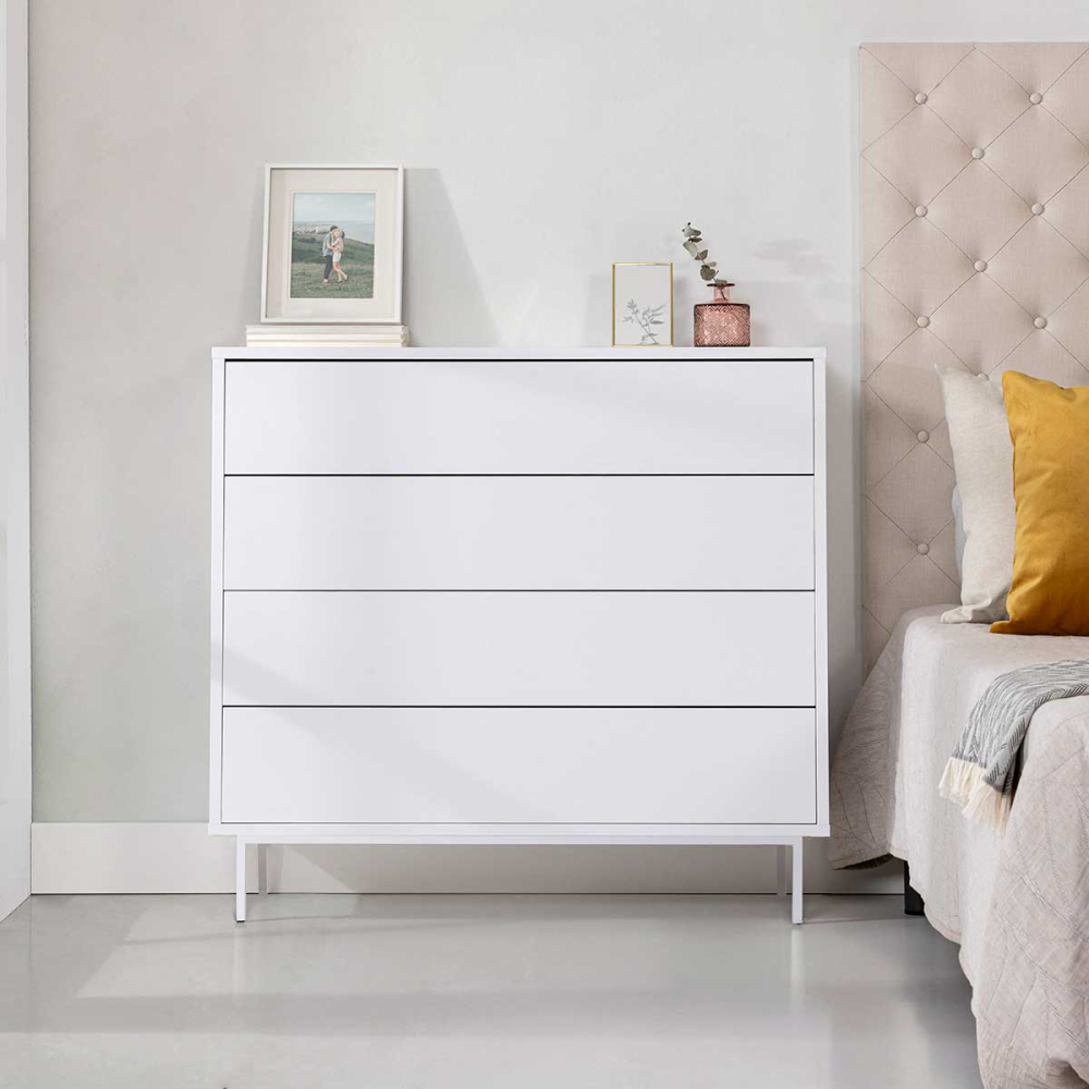 COMODA PUSH 4 CAJONES. MELAMINA 19mm BLANCO NIEVE  (PATAS METAL  BLANCO)