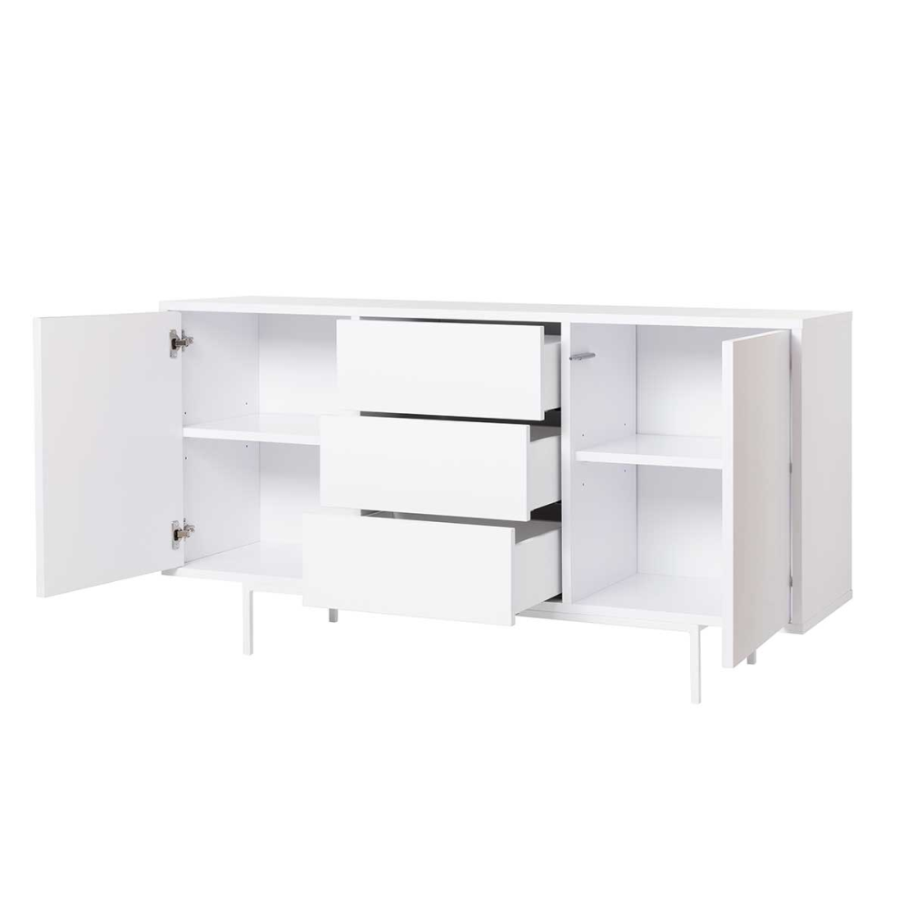 APARADOR PUSH 2 PUERTAS + 3 CAJONES. MELANINA 19mm BLANCO NIEVE  (PATAS METAL BLANCO)