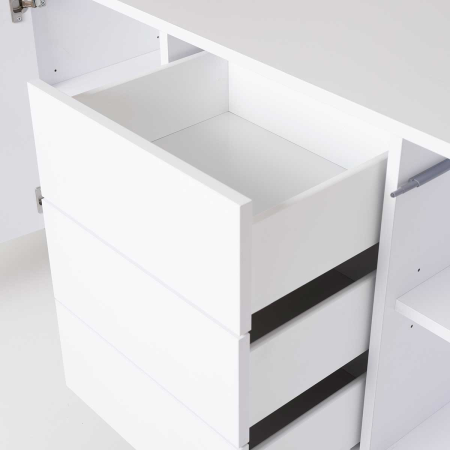 APARADOR PUSH 2 PUERTAS + 3 CAJONES. MELANINA 19mm BLANCO NIEVE  (PATAS METAL BLANCO)