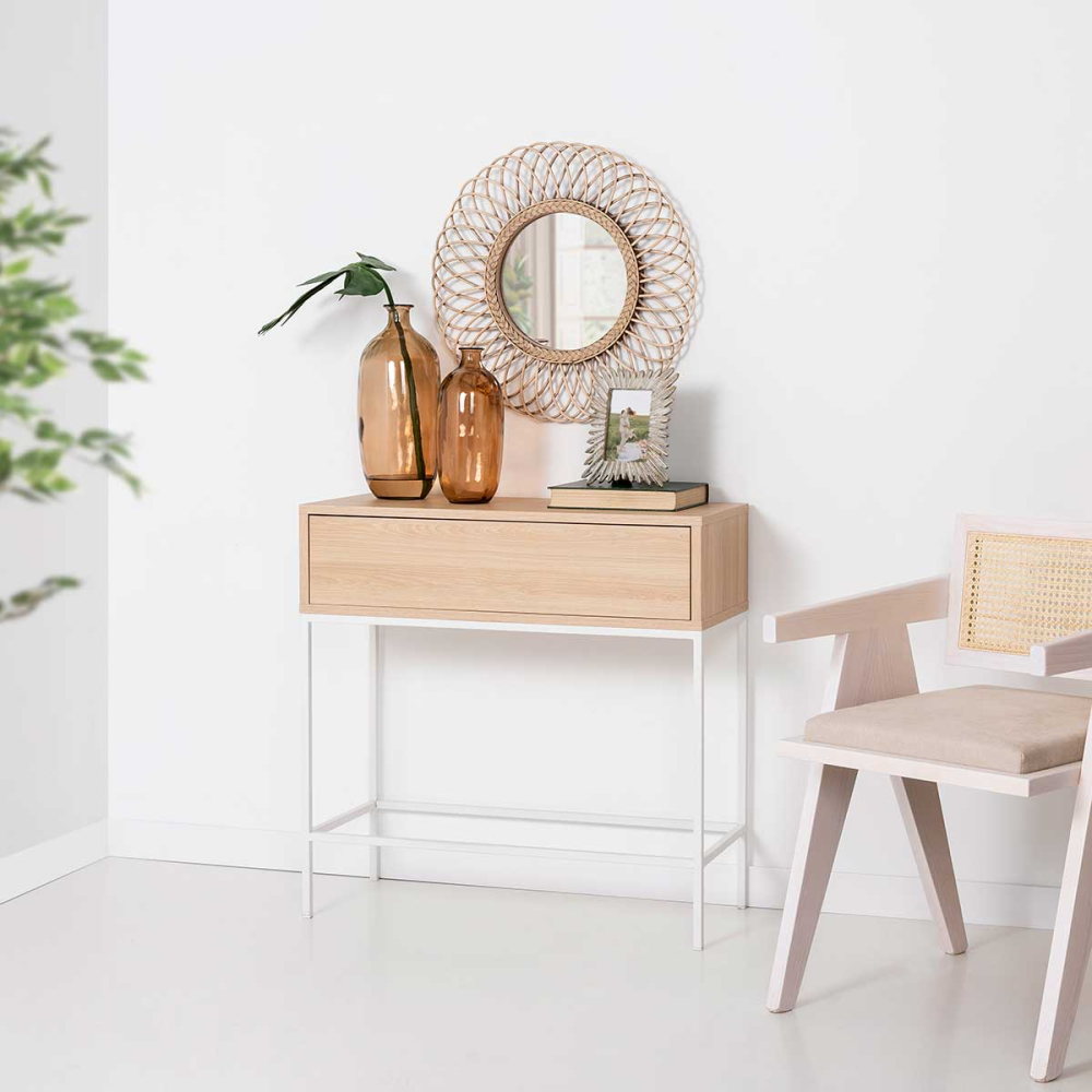 CONSOLA PUSH 1 CAJÃN. MELAMINA ROBLE 19mm (PATAS METAL BLANCO)