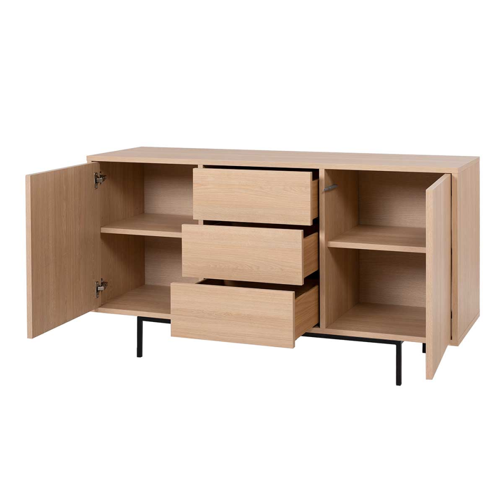 APARADOR PUSH 2 PUERTAS + 3 CAJONES. MELAMINA ROBLE 19mm (BASE METAL NEGRO)