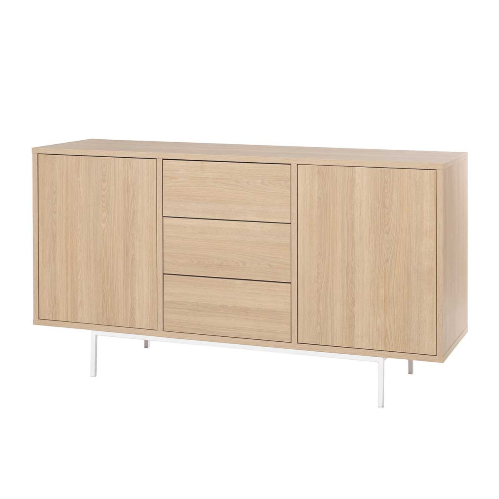 APARADOR PUSH 2 PUERTAS + 3 CAJONES. MELAMINA ROBLE 19mm (BASE METAL BLANCO)