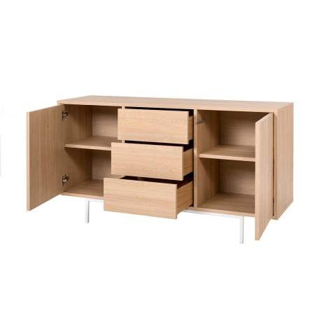 APARADOR PUSH 2 PUERTAS + 3 CAJONES. MELAMINA ROBLE 19mm (BASE METAL BLANCO)