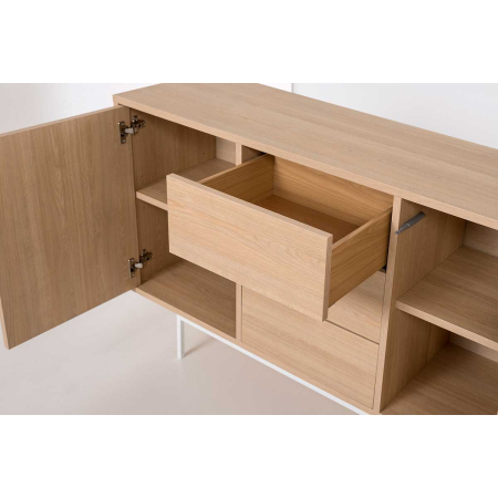 APARADOR PUSH 2 PUERTAS + 3 CAJONES. MELAMINA ROBLE 19mm (BASE METAL BLANCO)