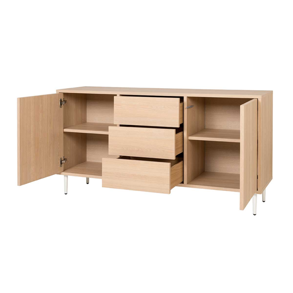 APARADOR PUSH 2 PUERTAS + 3 CAJONES. MELAMINA ROBLE 19mm (4 PATAS MADERA 15 cm BLANCO)