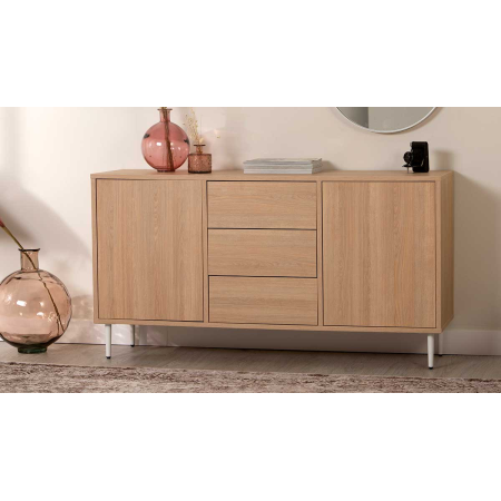 APARADOR PUSH 2 PUERTAS + 3 CAJONES. MELAMINA ROBLE 19mm (4 PATAS MADERA 15 cm BLANCO)