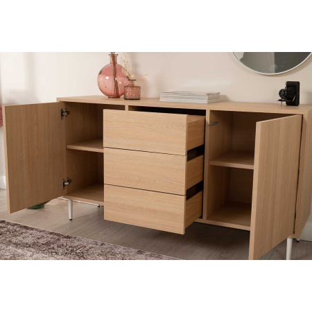 APARADOR PUSH 2 PUERTAS + 3 CAJONES. MELAMINA ROBLE 19mm (4 PATAS MADERA 15 cm BLANCO)