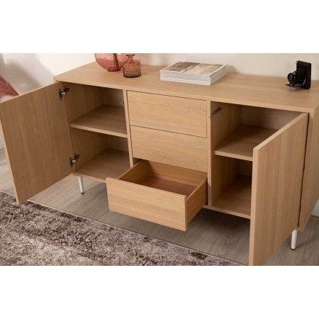 APARADOR PUSH 2 PUERTAS + 3 CAJONES. MELAMINA ROBLE 19mm (4 PATAS MADERA 15 cm BLANCO)