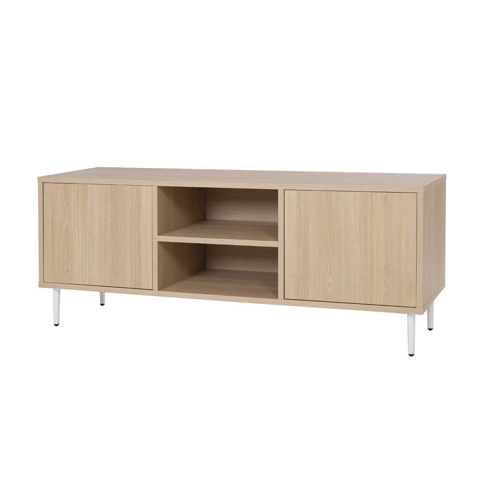 MUEBLE TV 2 PUERTAS + 2 HUECOS. MELAMINA ROBLE 19mm (4 PATAS MADERA 15 cm BLANCO)