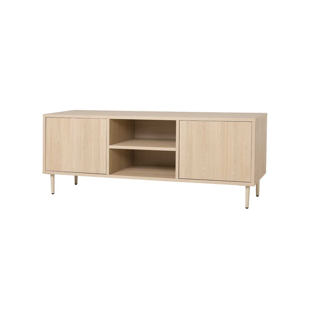 MUEBLE TV 2 PUERTAS + 2 HUECOS. MELAMINA ROBLE 19mm (4 PATAS MADERA 15 cm ROBLE)