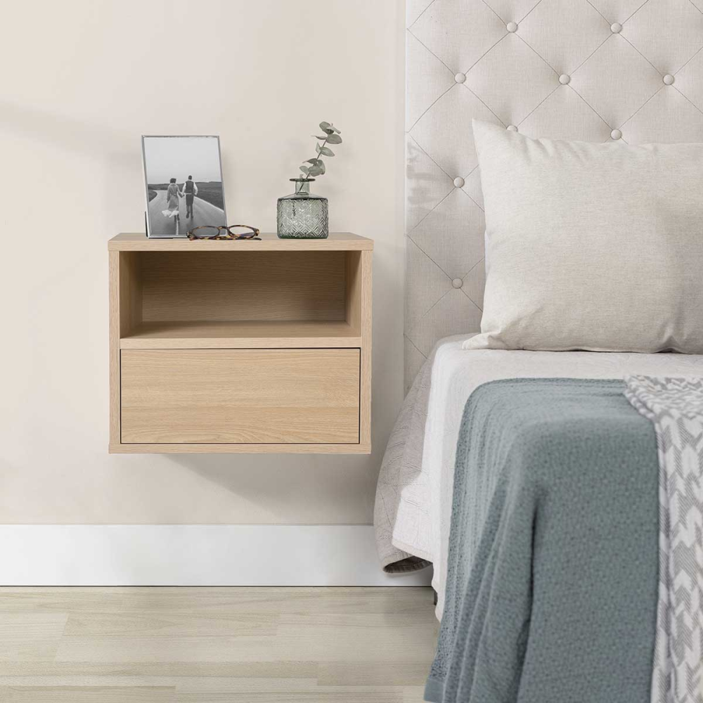 MESITA PUSH 1 CAJÃN + HUECO. MELAMINA ROBLE 19mm  (PARA COLGAR EN LA PARED)