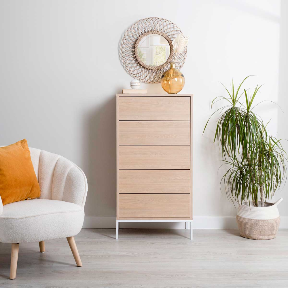 SINFONIER PUSH 5 CAJONES. MELAMINA ROBLE 19mm PATAS FORJA BLANCO