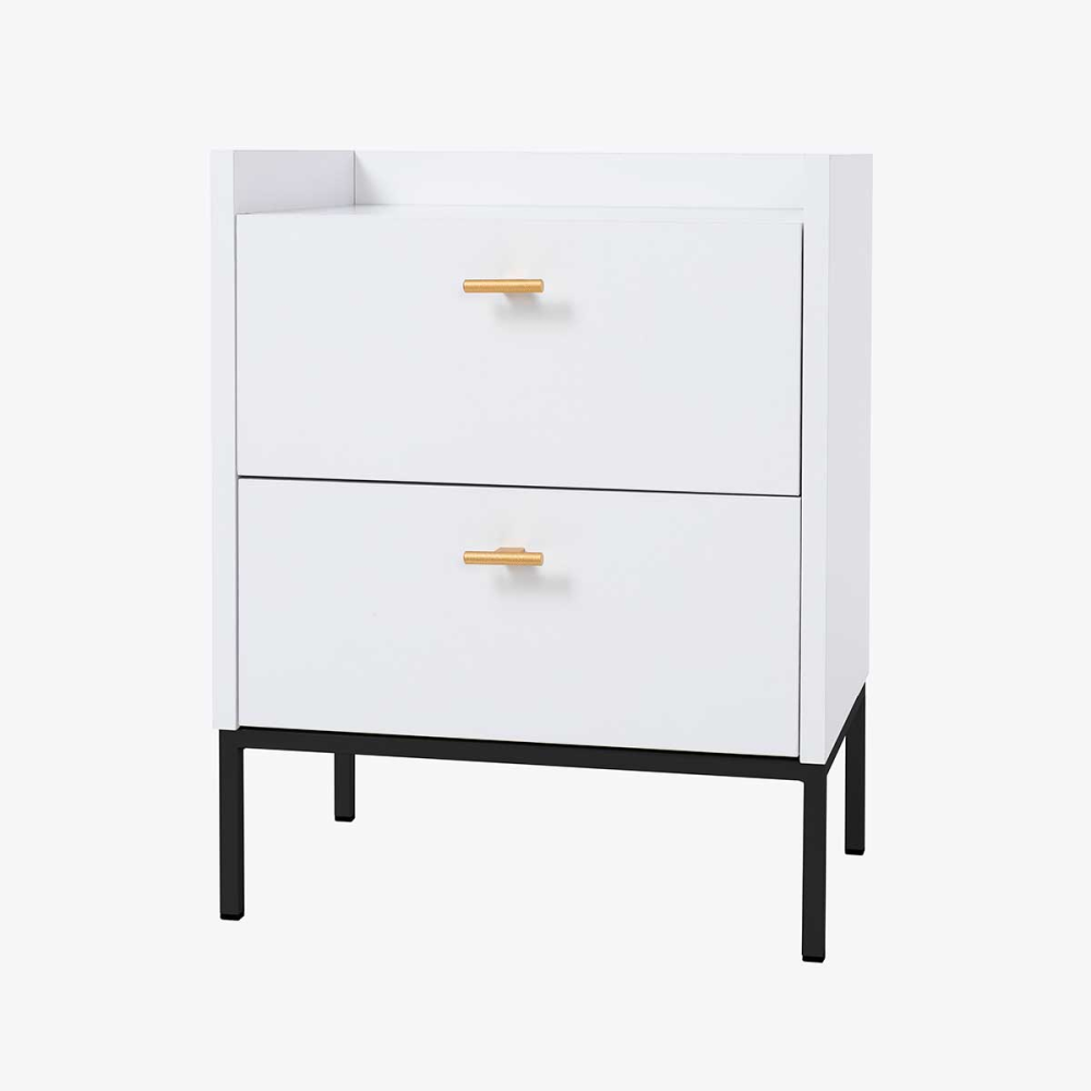 MESITA 2 CAJONES. MELAMINA 19 mm. BLANCO NIEVE. GUIA FRENO CON EXTRACCIÃN TOTAL. (PATAS METALICAS)