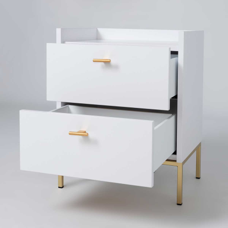 MESITA 2 CAJONES. MELAMINA 19 mm. BLANCO NIEVE. GUIA FRENO CON EXTRACCIÃN TOTAL. (PATAS METALICAS)