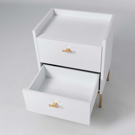 MESITA 2 CAJONES. MELAMINA 19 mm. BLANCO NIEVE. GUIA FRENO CON EXTRACCIÃN TOTAL. (PATAS METALICAS)