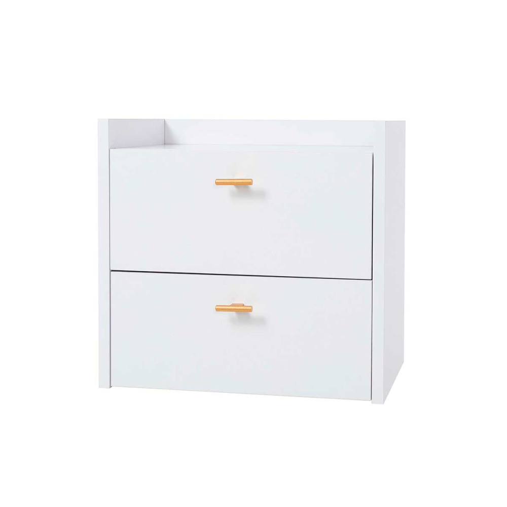 MESITA 2 CAJONES. MELAMINA 19 mm. BLANCO NIEVE. GUIA FRENO CON EXTRACCIÃN TOTAL.  (PARA COLGAR EN PARED)