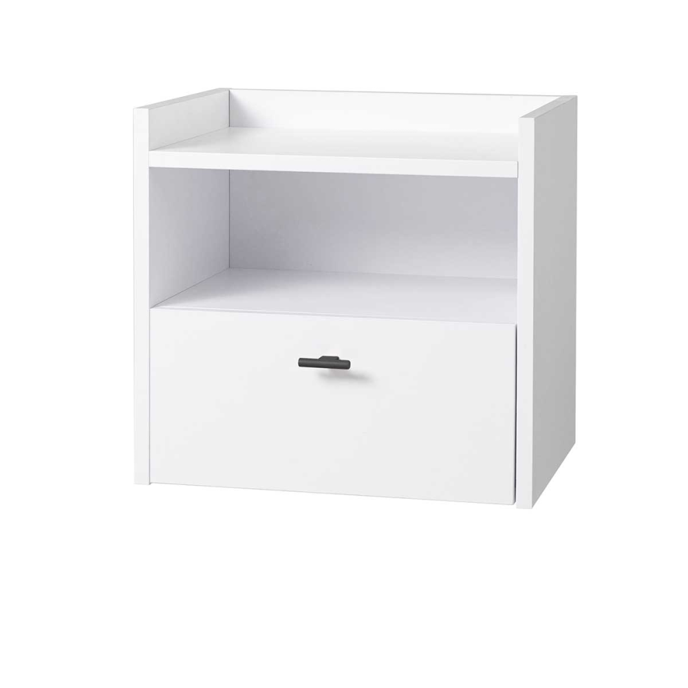 MESITA 1 CAJON + HUECO. MELAMINA 19 mm. BLANCO NIEVE. GUIA FRENO CON EXTRACCIÃN TOTAL.  (PARA COLGAR EN PARED)