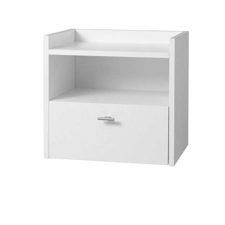 MESITA 1 CAJON + HUECO. MELAMINA 19 mm. BLANCO NIEVE. GUIA FRENO CON EXTRACCIÃN TOTAL.  (PARA COLGAR EN PARED)