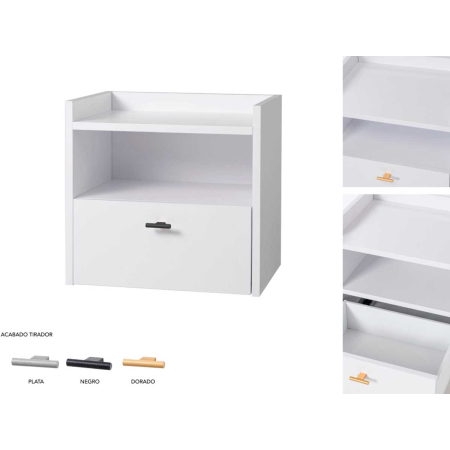MESITA 1 CAJON + HUECO. MELAMINA 19 mm. BLANCO NIEVE. GUIA FRENO CON EXTRACCIÃN TOTAL.  (PARA COLGAR EN PARED)