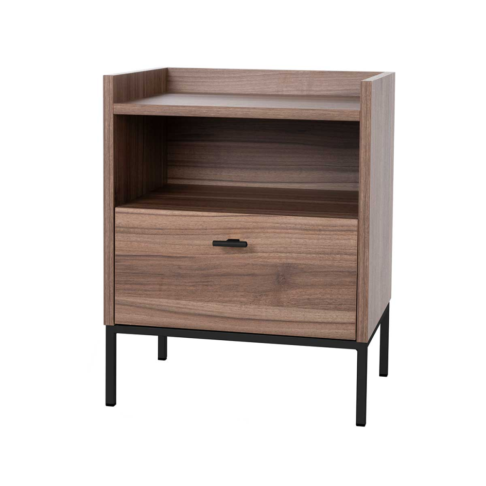 MESITA 1 CAJON + HUECO. MELAMINA 19 mm NOGAL EMPERADOR.  GUIA FRENO  CON EXTRACCIÃN TOTAL (PATAS METALICAS)