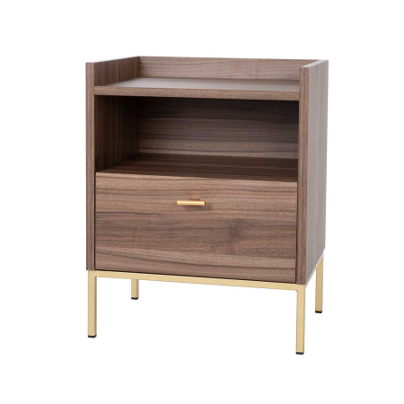 MESITA 1 CAJON + HUECO. MELAMINA 19 mm NOGAL EMPERADOR.  GUIA FRENO  CON EXTRACCIÃN TOTAL (PATAS METALICAS)