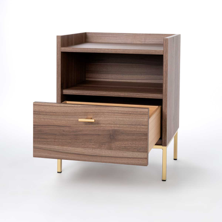 MESITA 1 CAJON + HUECO. MELAMINA 19 mm NOGAL EMPERADOR.  GUIA FRENO  CON EXTRACCIÃN TOTAL (PATAS METALICAS)