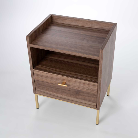 MESITA 1 CAJON + HUECO. MELAMINA 19 mm NOGAL EMPERADOR.  GUIA FRENO  CON EXTRACCIÃN TOTAL (PATAS METALICAS)