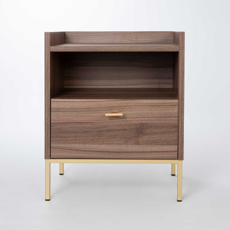 MESITA 1 CAJON + HUECO. MELAMINA 19 mm NOGAL EMPERADOR.  GUIA FRENO  CON EXTRACCIÃN TOTAL (PATAS METALICAS)