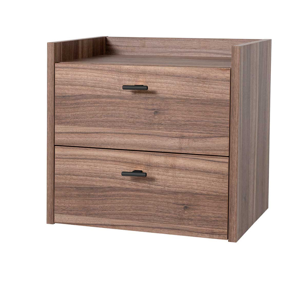 MESITA 2 CAJONES. MELAMINA 19 mm NOGAL EMPERADOR.  GUIA FRENO CON EXTRACCIÃN TOTAL.  (PARA COLGAR EN PARED)