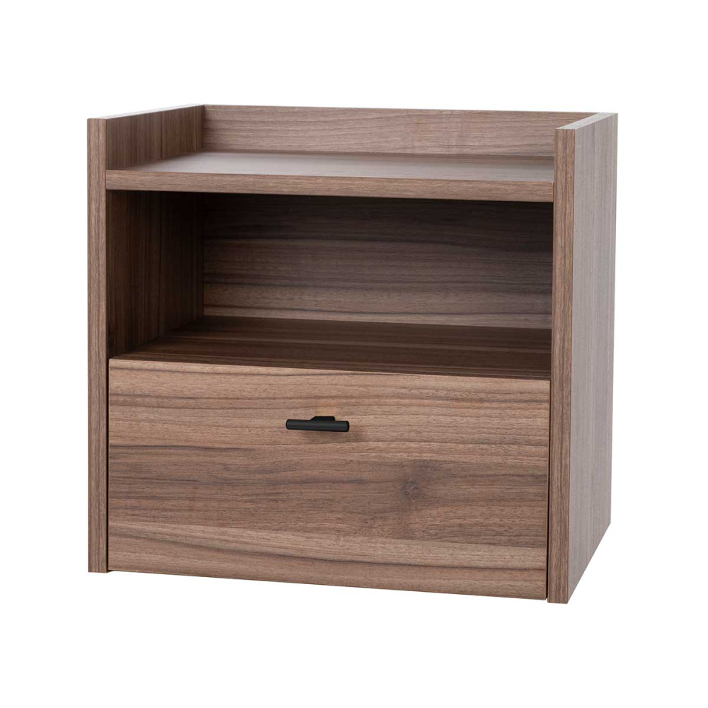 MESITA 1 CAJON + HUECO. MELAMINA 19 mm NOGAL EMPERADOR. . GUIA FRENO CON EXTRACCIÃN TOTAL. / TIRADOR NEGRO  (PARA COLGAR EN PARED)