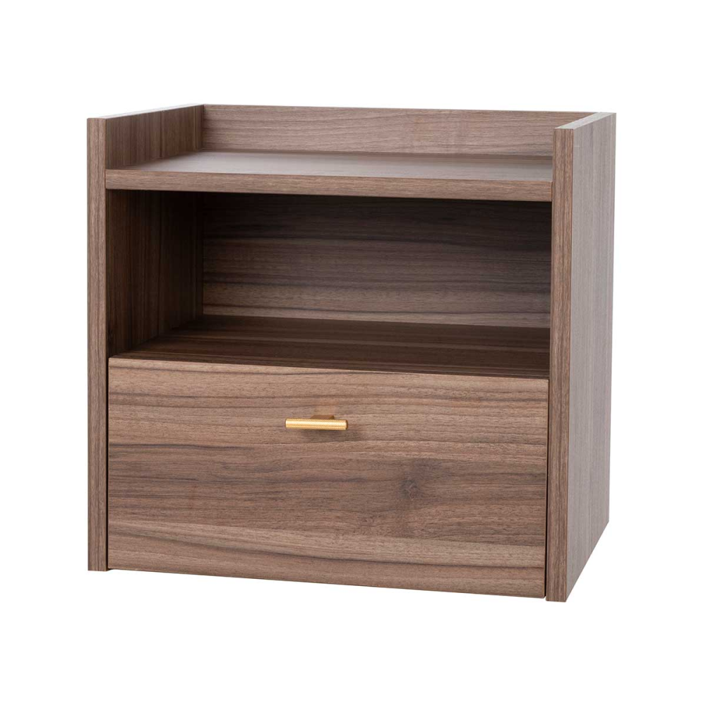 MESITA 1 CAJON + HUECO. MELAMINA 19 mm NOGAL EMPERADOR. . GUIA FRENO CON EXTRACCIÃN TOTAL. / TIRADOR ORO (PARA COLGAR EN PARED)