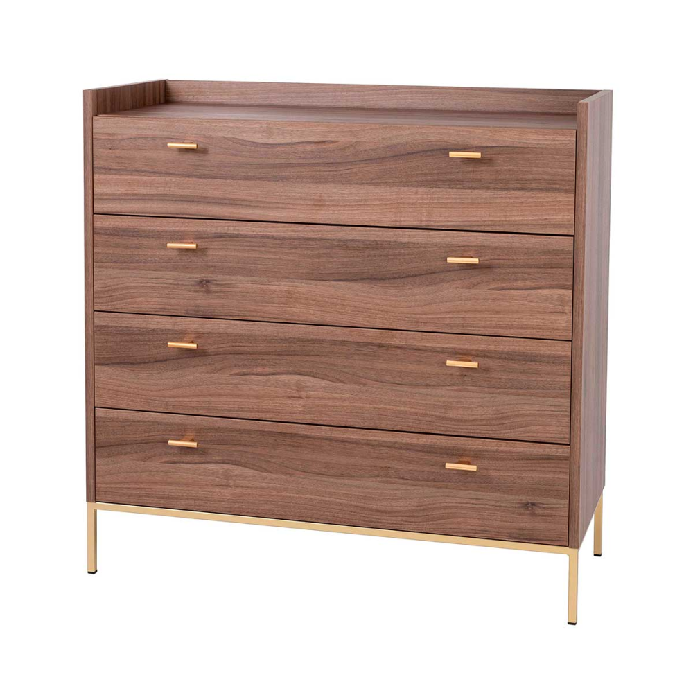 COMODA 4 CAJONES. MELAMINA 19 mm NOGAL EMPERADOR. GUIA FRENO CON EXTRACCIÃN TOTAL.  (PATAS METALICAS)