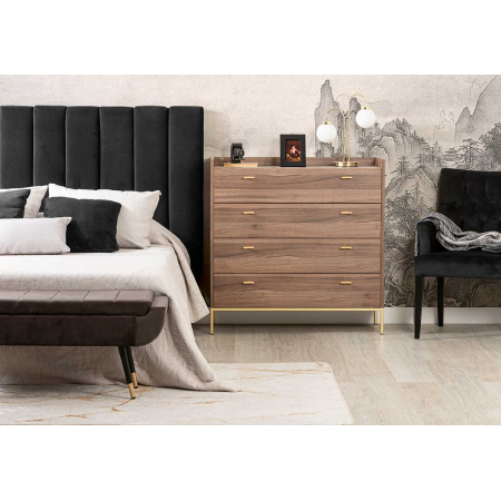 COMODA 4 CAJONES. MELAMINA 19 mm NOGAL EMPERADOR. GUIA FRENO CON EXTRACCIÃN TOTAL.  (PATAS METALICAS)