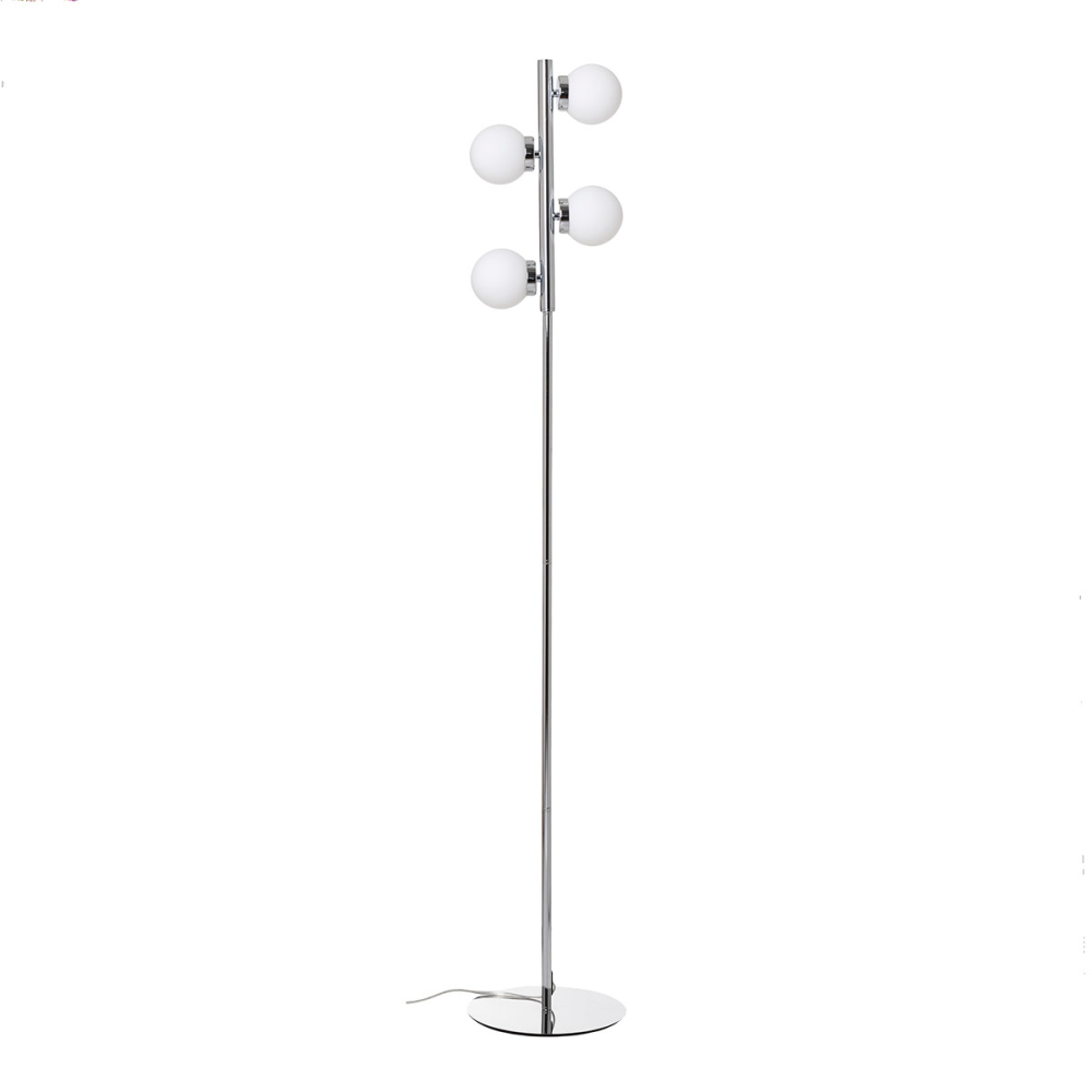 LÁMPARA SUELO TUBO METAL CROMADO DORADO Y TULIPA ESFERA CRISTAL BLANCO