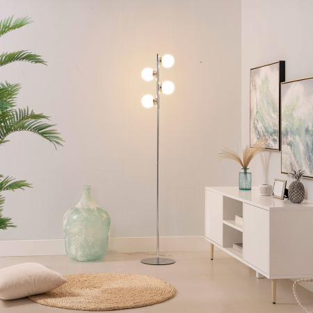 LÁMPARA SUELO TUBO METAL CROMADO DORADO Y TULIPA ESFERA CRISTAL BLANCO