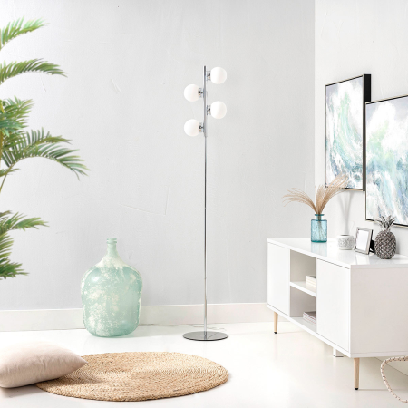 LÁMPARA SUELO TUBO METAL CROMADO DORADO Y TULIPA ESFERA CRISTAL BLANCO