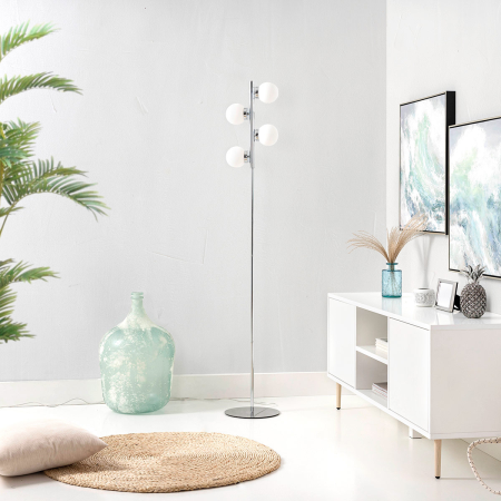 LÁMPARA SUELO TUBO METAL CROMADO DORADO Y TULIPA ESFERA CRISTAL BLANCO