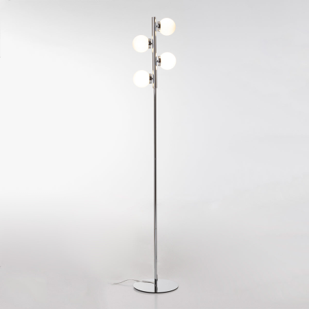LÁMPARA SUELO TUBO METAL CROMADO DORADO Y TULIPA ESFERA CRISTAL BLANCO