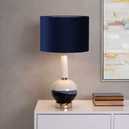 LÁMPARA BASE CERÁMICA Y METAL. PANTALLA AZUL