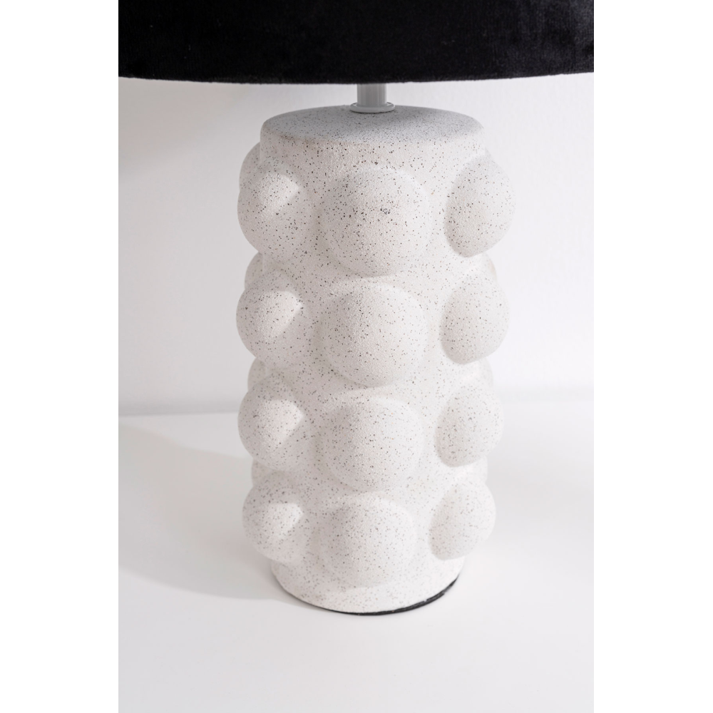 LÁMPARA CERÁMICA 25*44CM, BLANCA MATE ESFERAS. PANTALLA LINO NEGRO