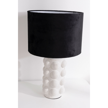 LÁMPARA CERÁMICA 25*44CM, BLANCA MATE ESFERAS. PANTALLA LINO NEGRO