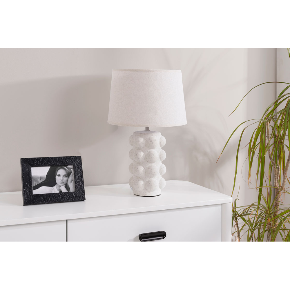 LÁMPARA CERÁMICA 25*44CM, BLANCA MATE ESFERAS. PANTALLA LINO BLANCO