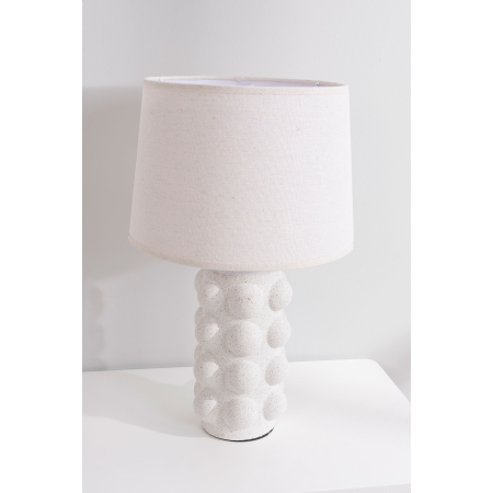 LÁMPARA CERÁMICA 25*44CM, BLANCA MATE ESFERAS. PANTALLA LINO BLANCO