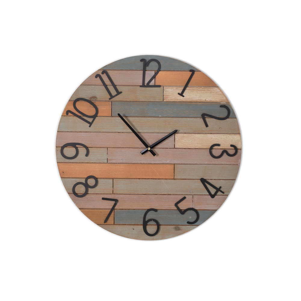 RELOJ PARED EFECTO TABLONES MADERA COLORES. 50x50cm