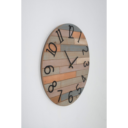 RELOJ PARED EFECTO TABLONES MADERA COLORES. 50x50cm