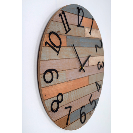 RELOJ PARED EFECTO TABLONES MADERA COLORES. 50x50cm