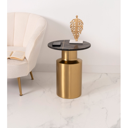 MESA AUXILIAR 51*40*40 CM. BASE METAL DORADO CILINDRICO Y TAPA MARMOL NEGRO CON INCRUSTACIONES METALICAS