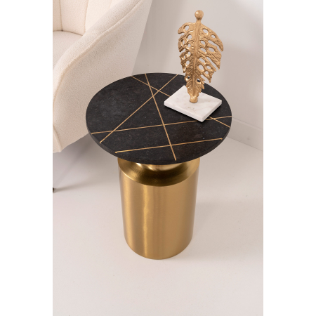 MESA AUXILIAR 51*40*40 CM. BASE METAL DORADO CILINDRICO Y TAPA MARMOL NEGRO CON INCRUSTACIONES METALICAS