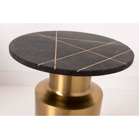 MESA AUXILIAR 51*40*40 CM. BASE METAL DORADO CILINDRICO Y TAPA MARMOL NEGRO CON INCRUSTACIONES METALICAS